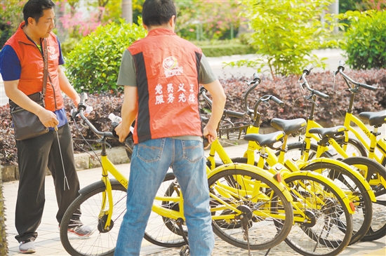 在市区发展大道,义工走上街头整理共享单车。 在市区发展大道,义工走上街头整理共享单车。